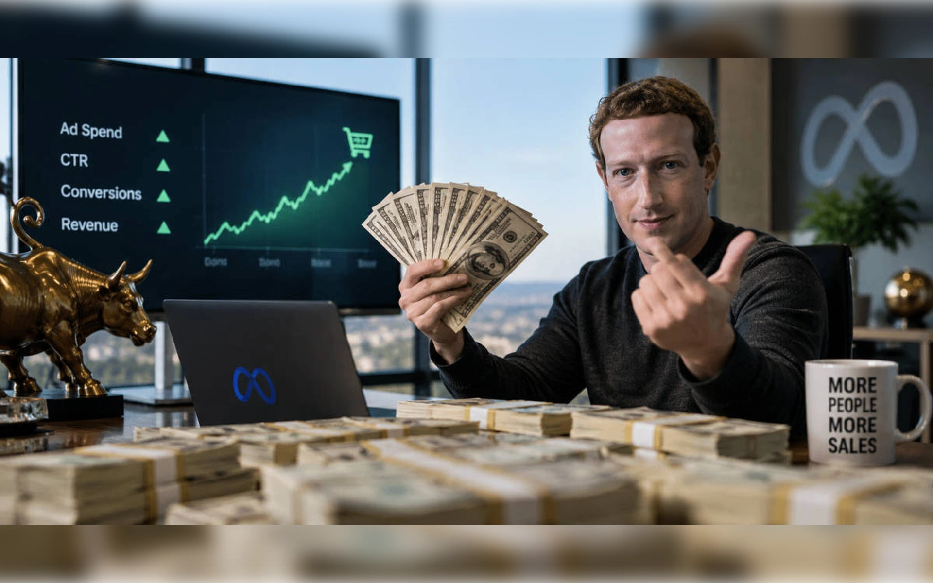 Mark Zuckerberg am Schreibtisch voll Geldstapel; dahinter ein Bildschirmentwurf mit steigendem Umsatzgraph und E-Commerce-Metriken.