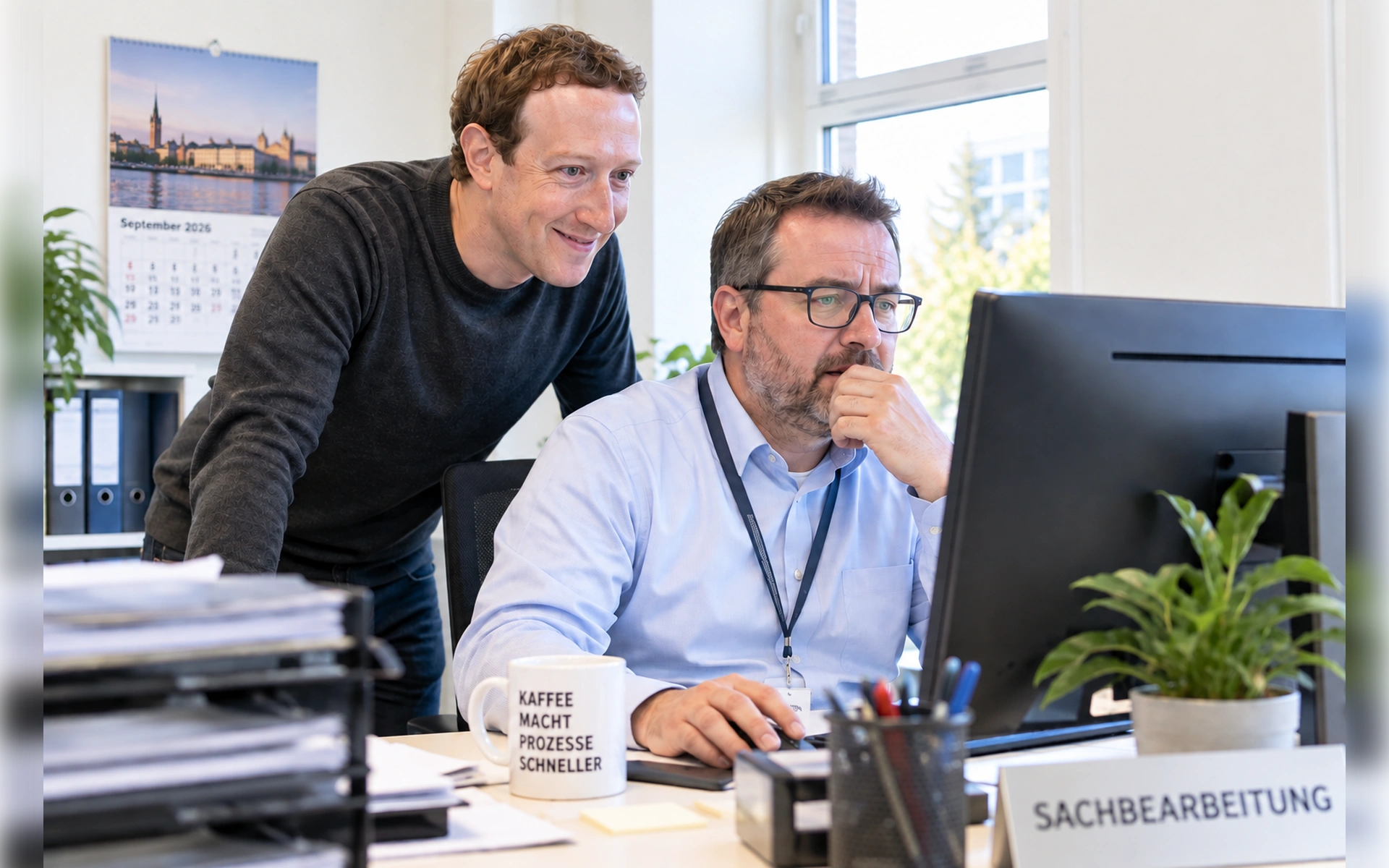 Mark Zuckerberg beugt sich schmunzelnd über die Schulter eines Sachbearbeiters im Büro, der fokussiert auf einen Computerbildschirm blickt. Auf dem Tisch steht eine Kaffeetasse.