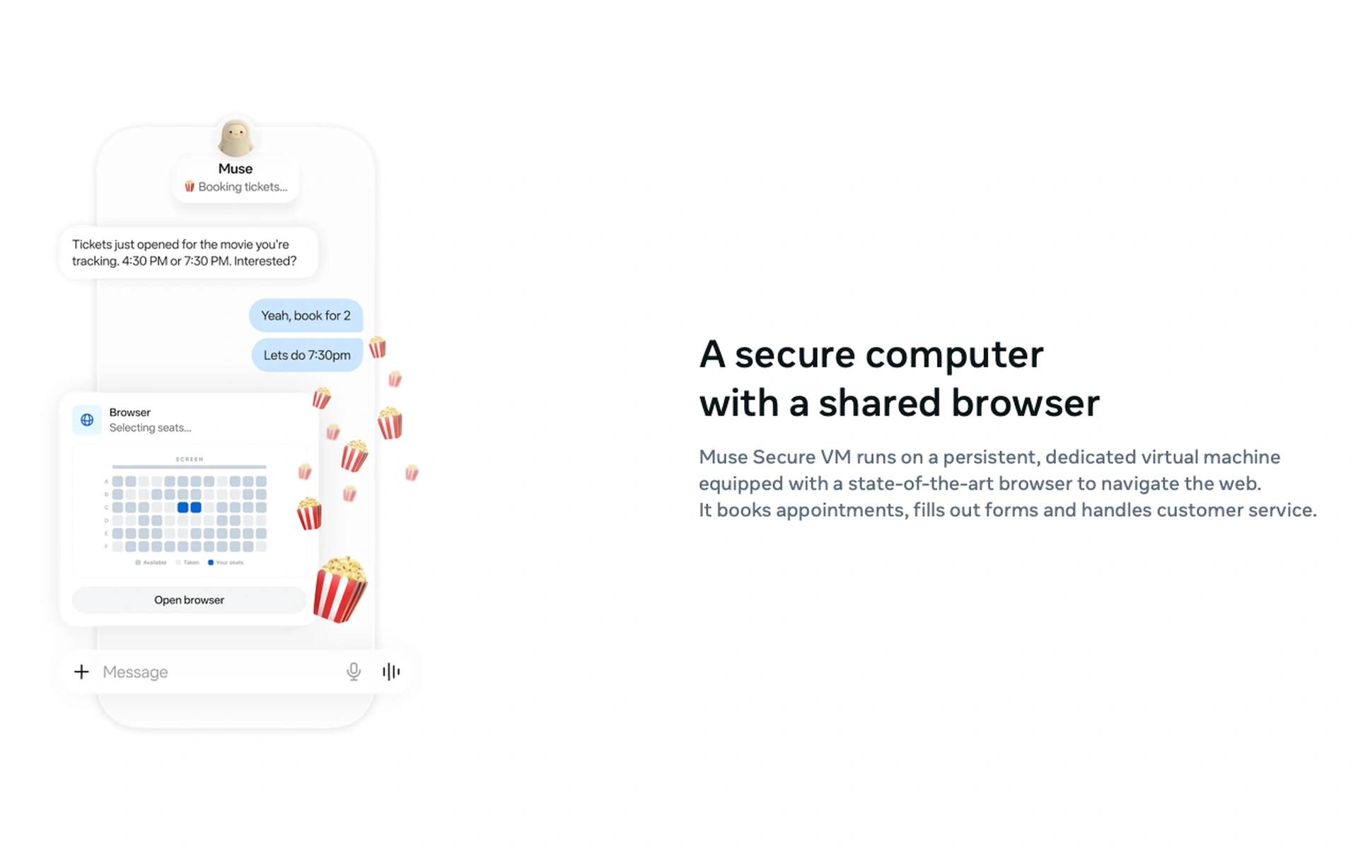 Chat-UI von Muse Secure VM für automatische Kinoticket-Buchung und Sitzplatzauswahl. Daneben Text über eine sichere, virtuelle Maschine mit Shared Browser. (