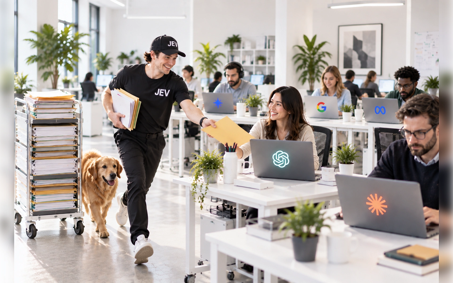 Typ-sichere KI-Integration in der Praxis: JEV-Kurier übergibt Unterlagen in einem geschäftigen Großraumbüro. Modernes Team arbeitet an Laptops, begleitet von einem Bürohund