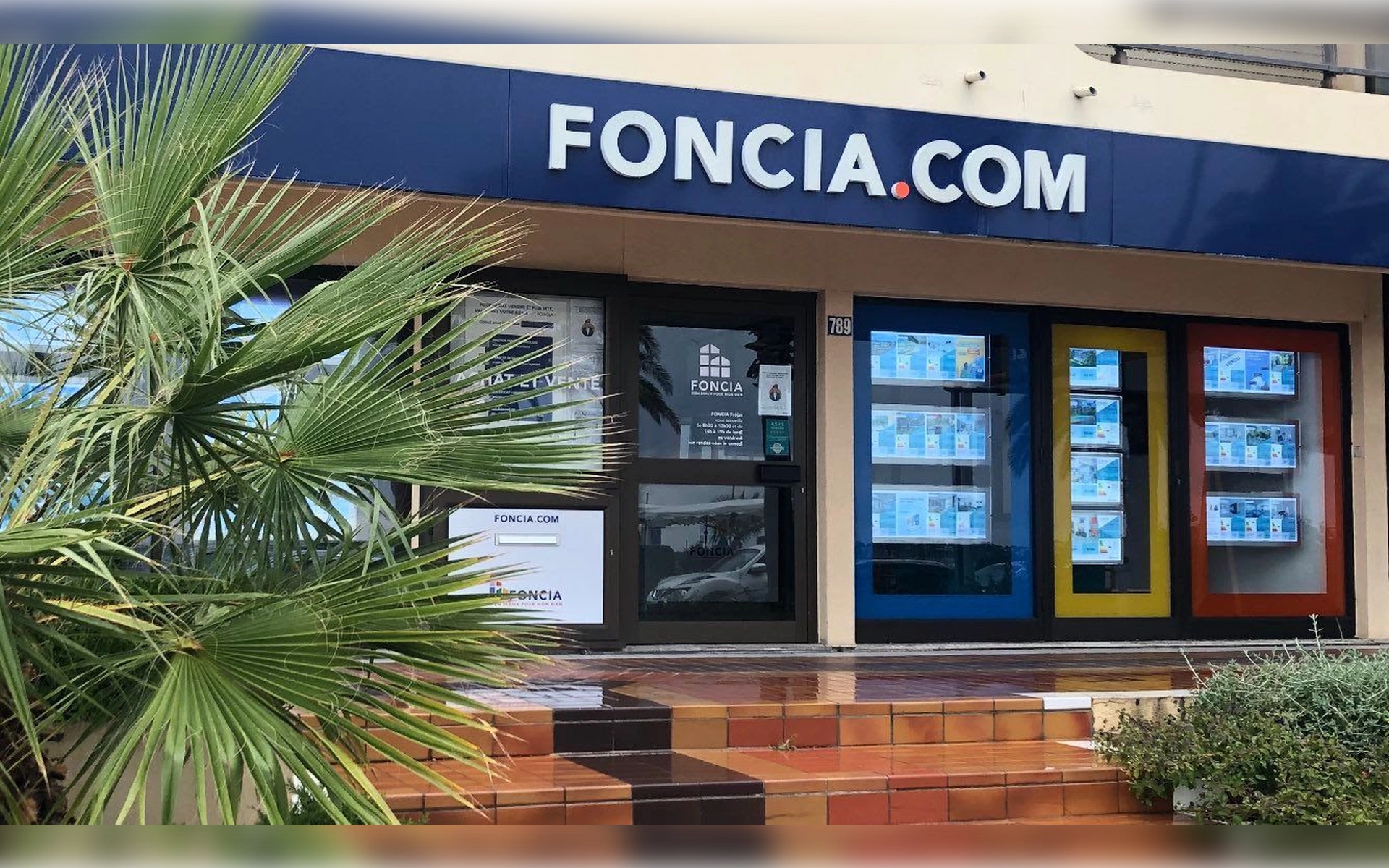 Aussenansicht einer Foncia-Immobilienagentur mit blauem Schild, Schaufenstern voller Immobilienangebote, einer Palmenpflanze vorne links und gefliesten Stufen zum Eingang.