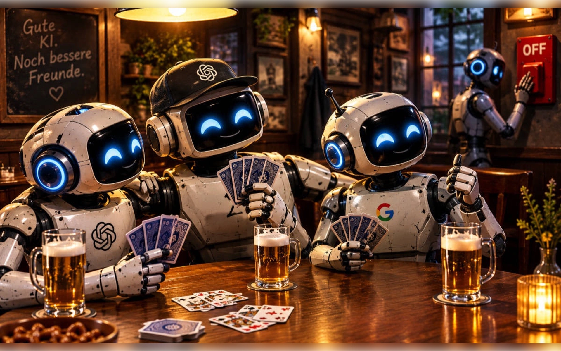 Drei freundliche Roboter mit Firmenlogos (OpenAI, Google) sitzen beim Kartenspiel und Bier in einer Kneipe, während ein anderer Roboter im Hintergrund den OFF-Schalter drückt.