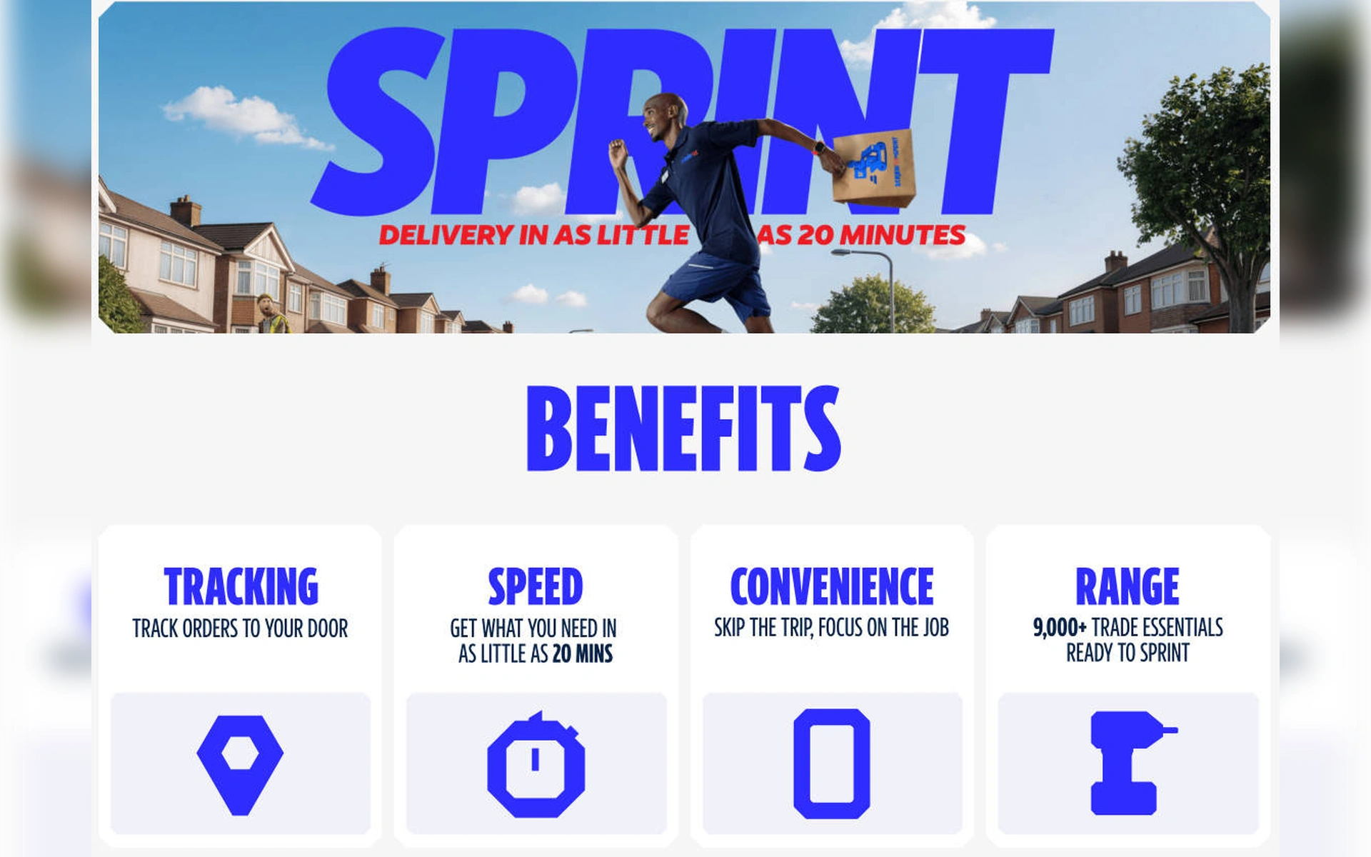 Werbebanner für Screwfix Sprint mit Kurier im Laufschritt und Vorteilen: Sendungsverfolgung, Schnelligkeit, Komfort und Produktauswahl.