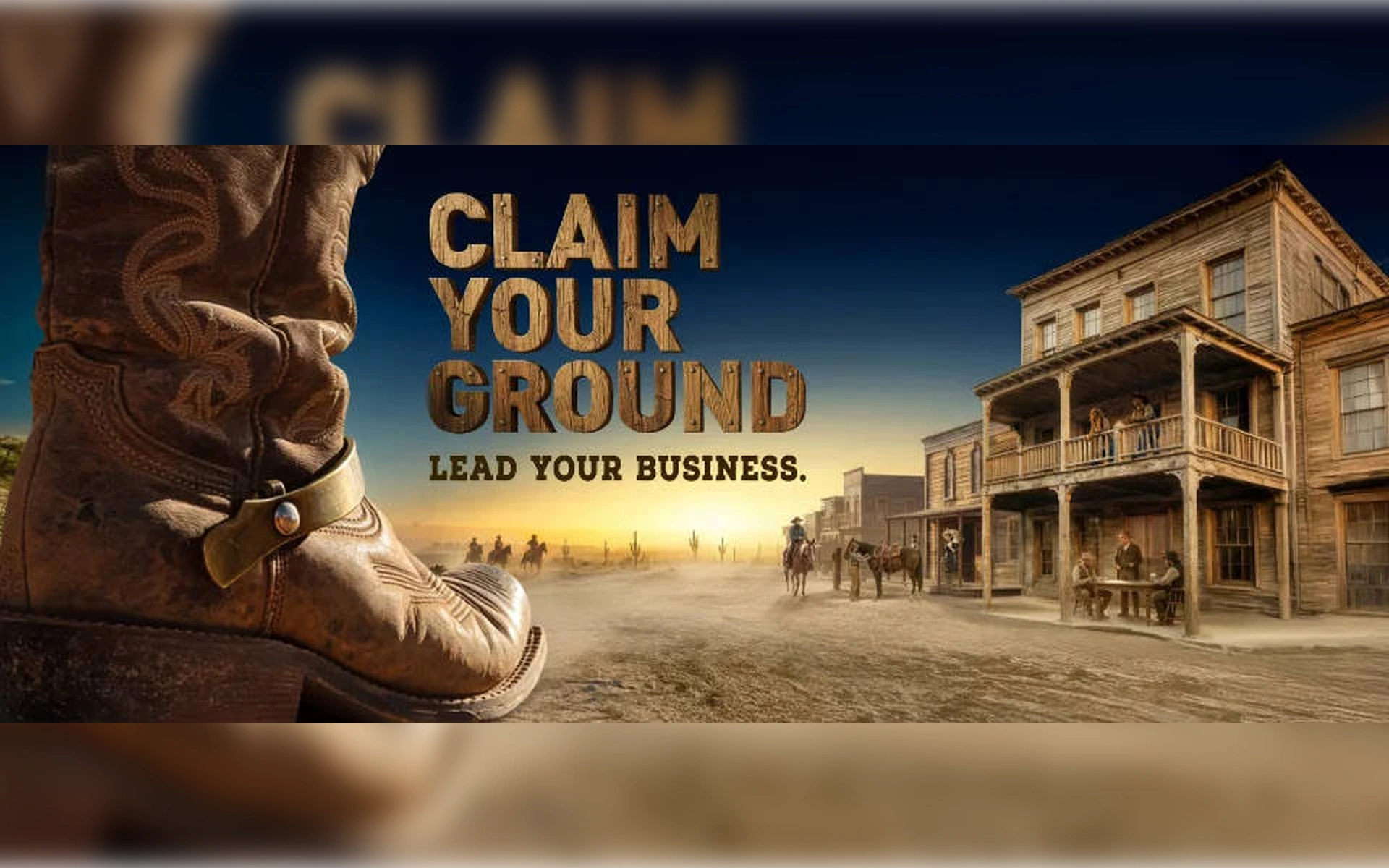 Western-Szene mit Holzgebäuden und Cowboy-Stiefel im Vordergrund, dazu der Schriftzug „Claim Your Ground. Lead Your Business.