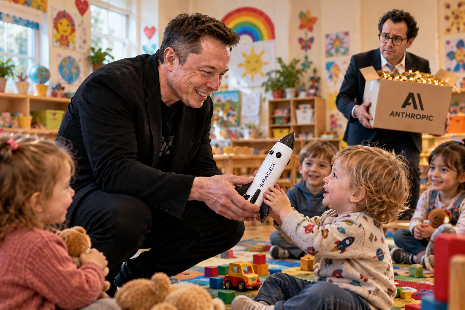 Elon Musk übergibt einem Kind in einem Kindergarten eine SpaceX-Spielzeugrakete, während im Hintergrund ein Mann ein Paket mit der Aufschrift Anthropic trägt.