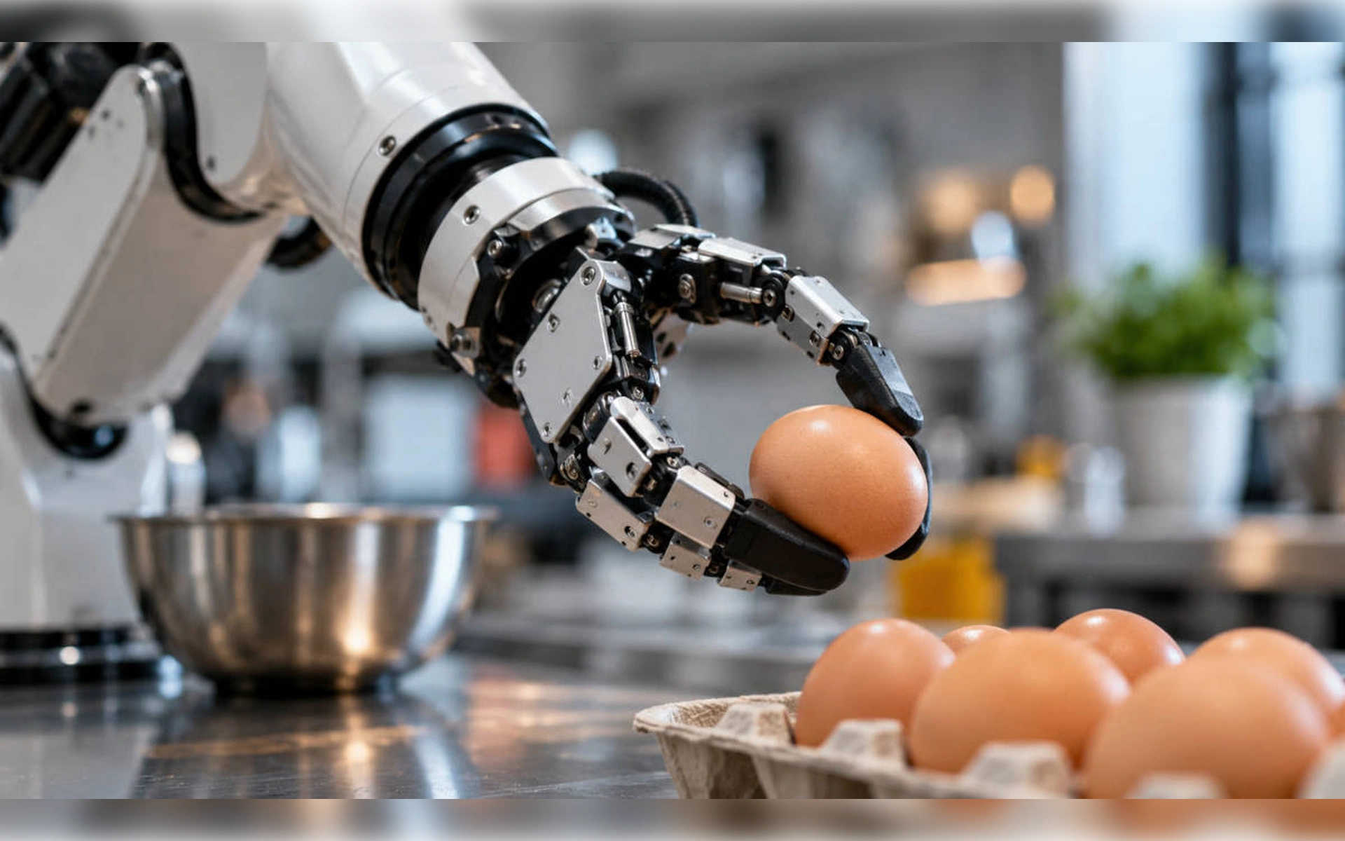 Eine weiße Roboterhand greift mit feinmotorischen Metallfingern präzise nach einem braunen Hühnerei neben einem Eierkarton in einer modernen Küche.