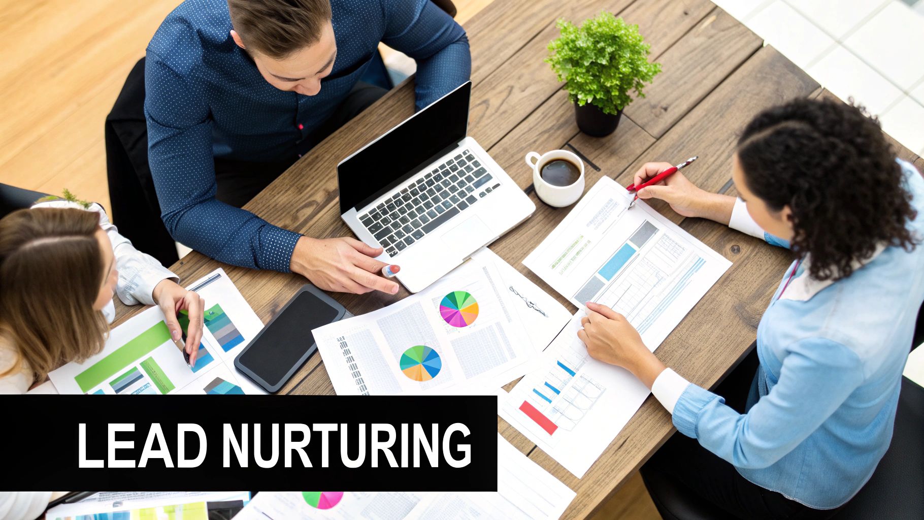 A visual representation of a lead nurturing workflow, showing how a new lead enters a sequence and receives a series of timed emails with educational content, case studies, and finally a demo offer.