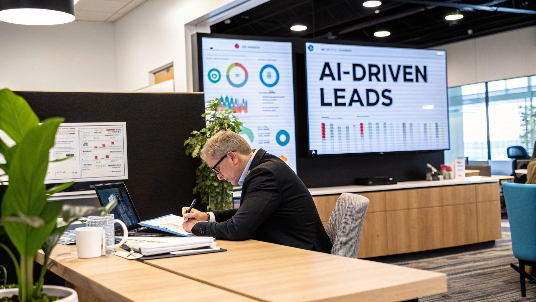 An AI agent Lead Generation sales team working on their laptops in a modern office