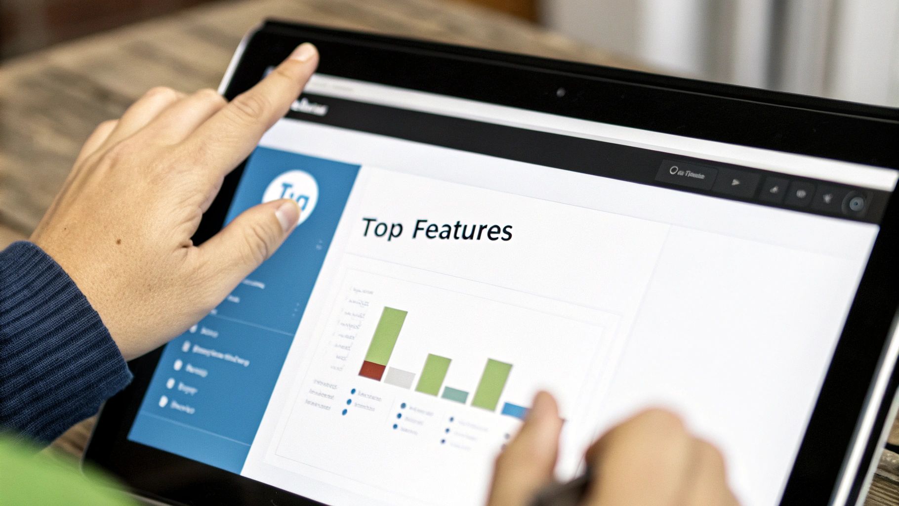 A close-up of a person's hands optimizing a LinkedIn profile for LinkedIn Lead generation on a laptop, with charts and profile pictures visible on the screen.