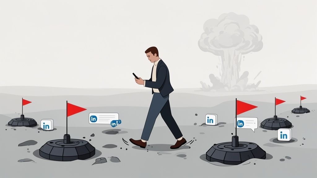 A man walks on on a barren landscape, engrossed in his phone, amidst red LinkedIn flags and a distant explosion.