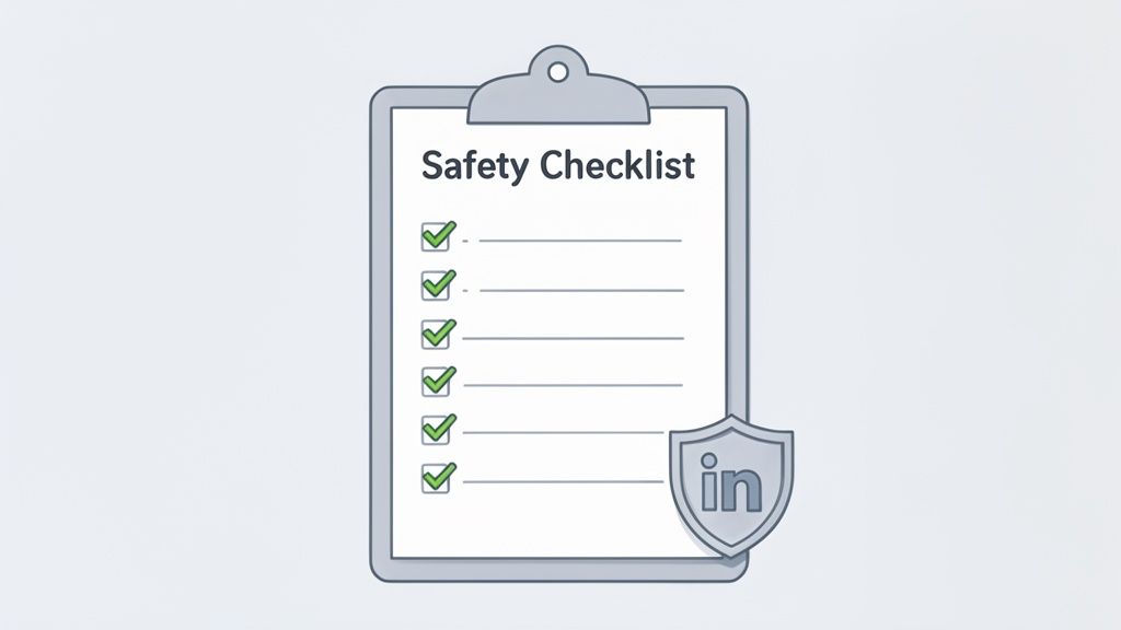 A clipboard featuring a 'Safety Checklist' with checked items, alongside a LinkedIn logo shield.