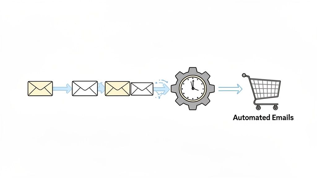 A sequence of emails flowing into a timed process leading to an automated emails shopping cart.