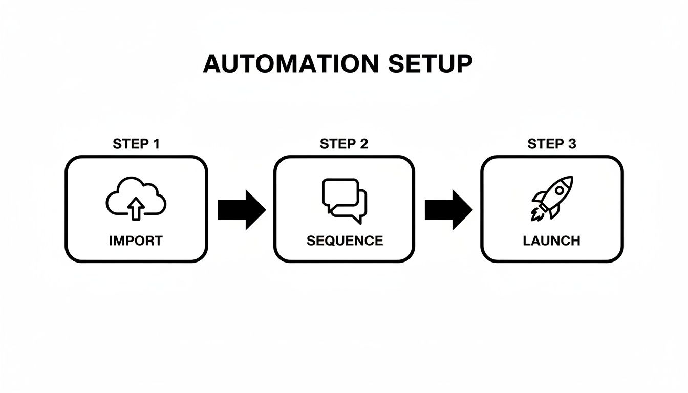 A three-step automation setup diagram showing import, sequence, and launch stages with icons.