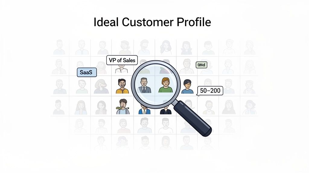 Illustration of identifying an ideal customer profile using a magnifying glass on a grid of people.
