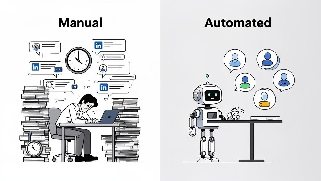 Illustration contrasting a stressed person doing manual LinkedIn outreach with an efficient robot demonstrating automation.
