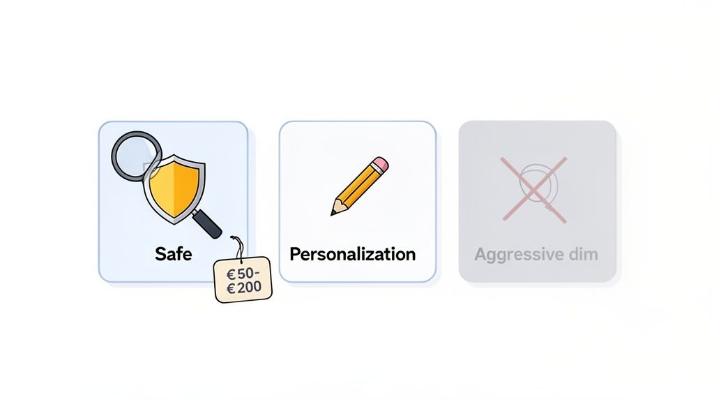 Three options: Safe (magnifying glass, shield, price tag €50-€200), Personalization (pencil), and Aggressive (crossed out).