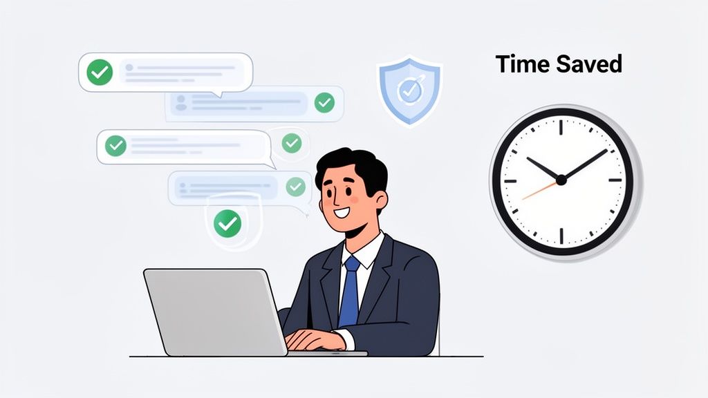 Illustration of a man on a laptop with chat messages, a shield, and a clock, symbolizing time saved.