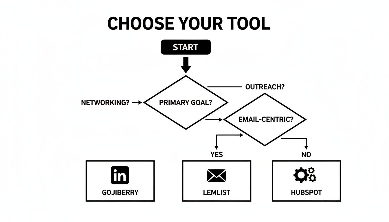 Flowchart for choosing a marketing tool based on primary goal: networking or outreach, and email-centric preference.