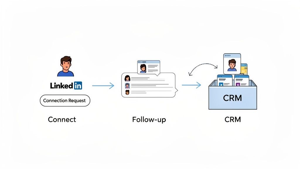 Diagram illustrating a LinkedIn connection request and follow-up process integrated into a CRM system.