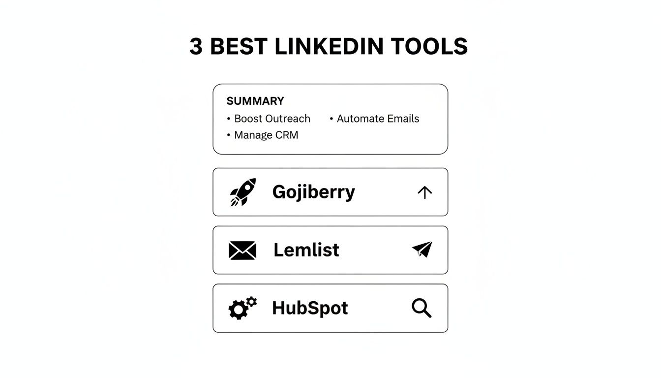 List of 3 best LinkedIn tools including Gojiberry, Lemlist, and HubSpot, for marketing automation.