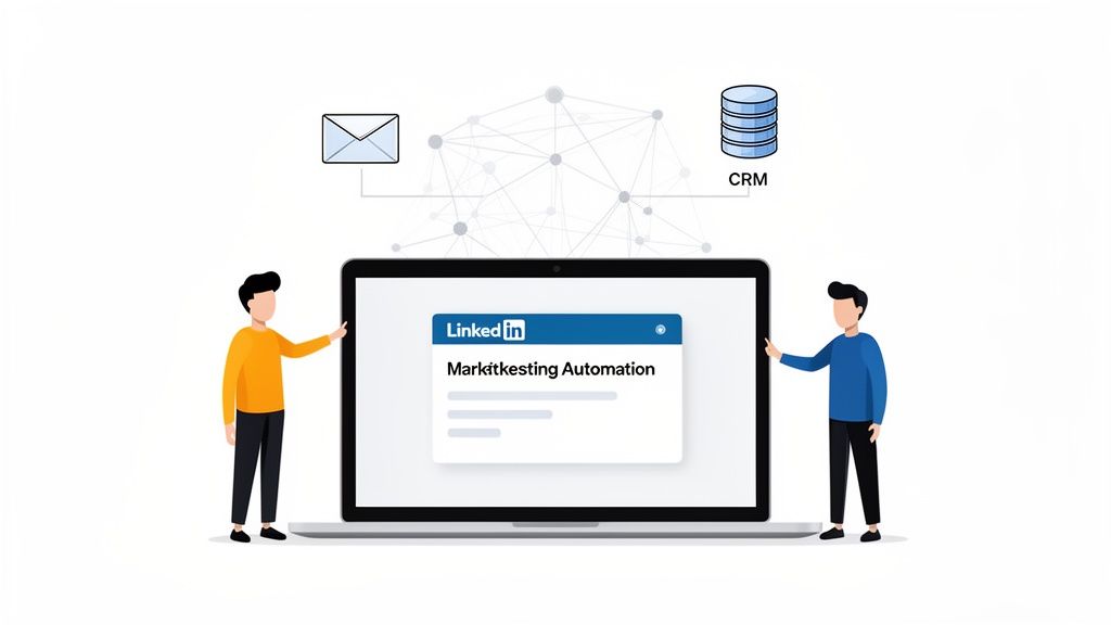 Two people interacting with a laptop showing LinkedIn marketing automation integrated with CRM and email.