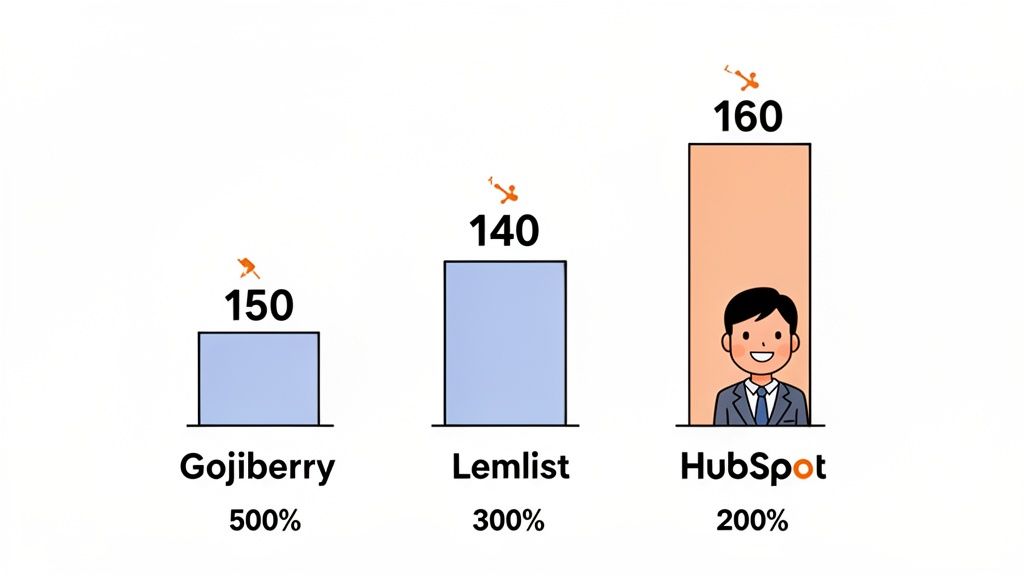 Bar chart comparing Gojiberry, Lemlist, and HubSpot with numerical values and percentage growth.