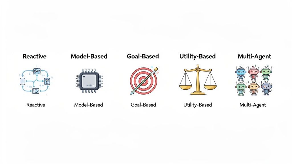 Visual representation of five types of AI agents: reactive, model-based, goal-based, utility-based, and multi-agent.