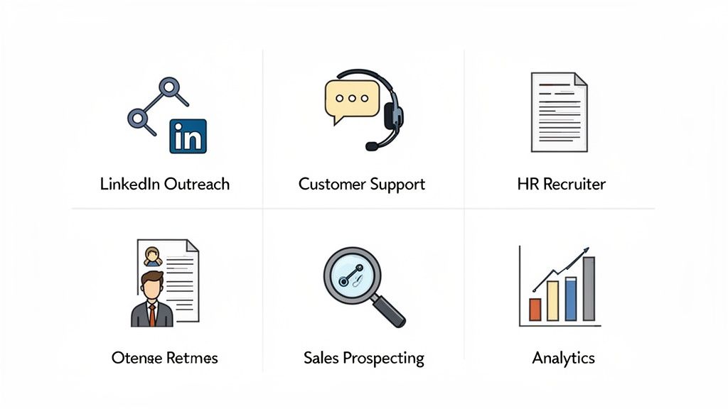 A grid of six icons representing various business services: LinkedIn outreach, customer support, HR, sales, and analytics.