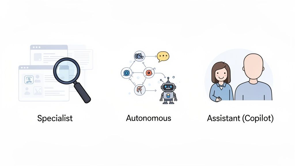 Three illustrations of AI agent types: Specialist (magnifying glass), Autonomous (robot), and Assistant (two people).