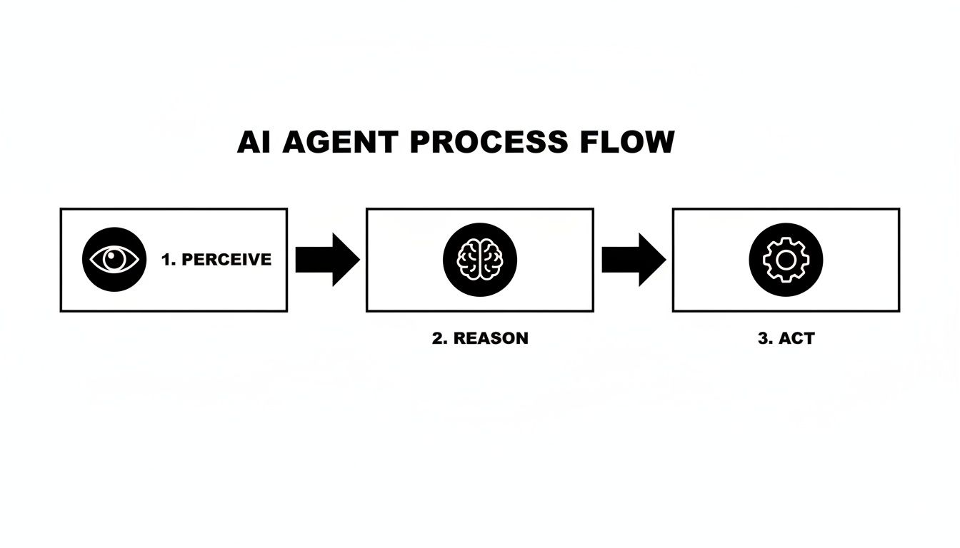 An AI agent process flow diagram illustrating three sequential steps: 1. Perceive, 2. Reason, 3. Act.