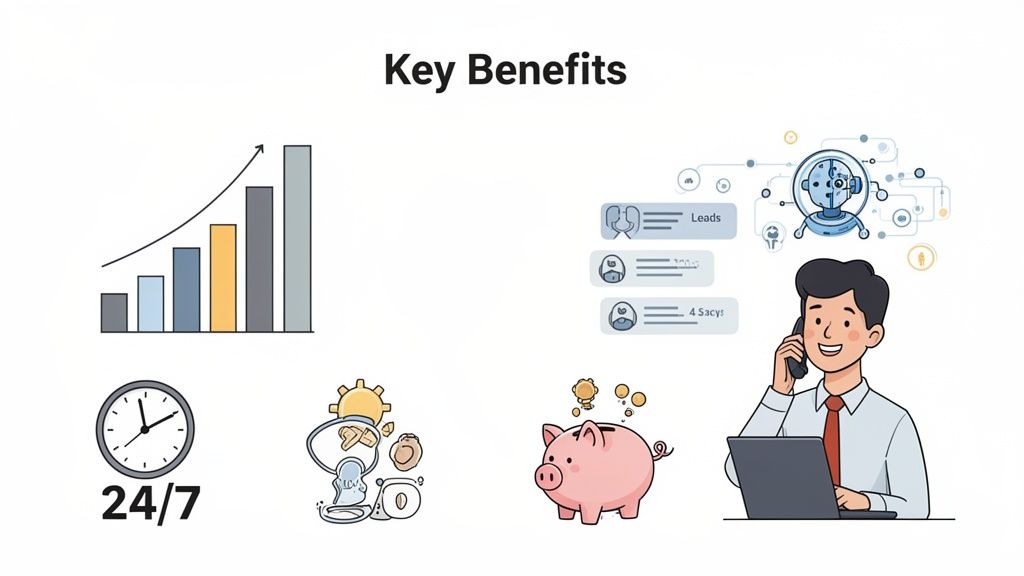Visual representation of key benefits: sales growth, 24/7 availability, AI lead generation, efficiency, and cost savings.