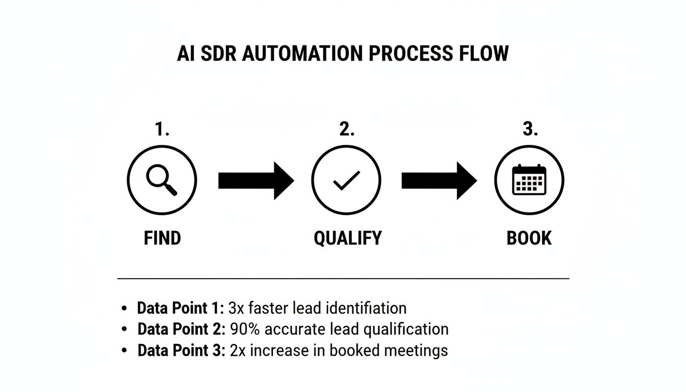 AI SDR automation process flow showing steps to find, qualify, and book leads with key performance data.
