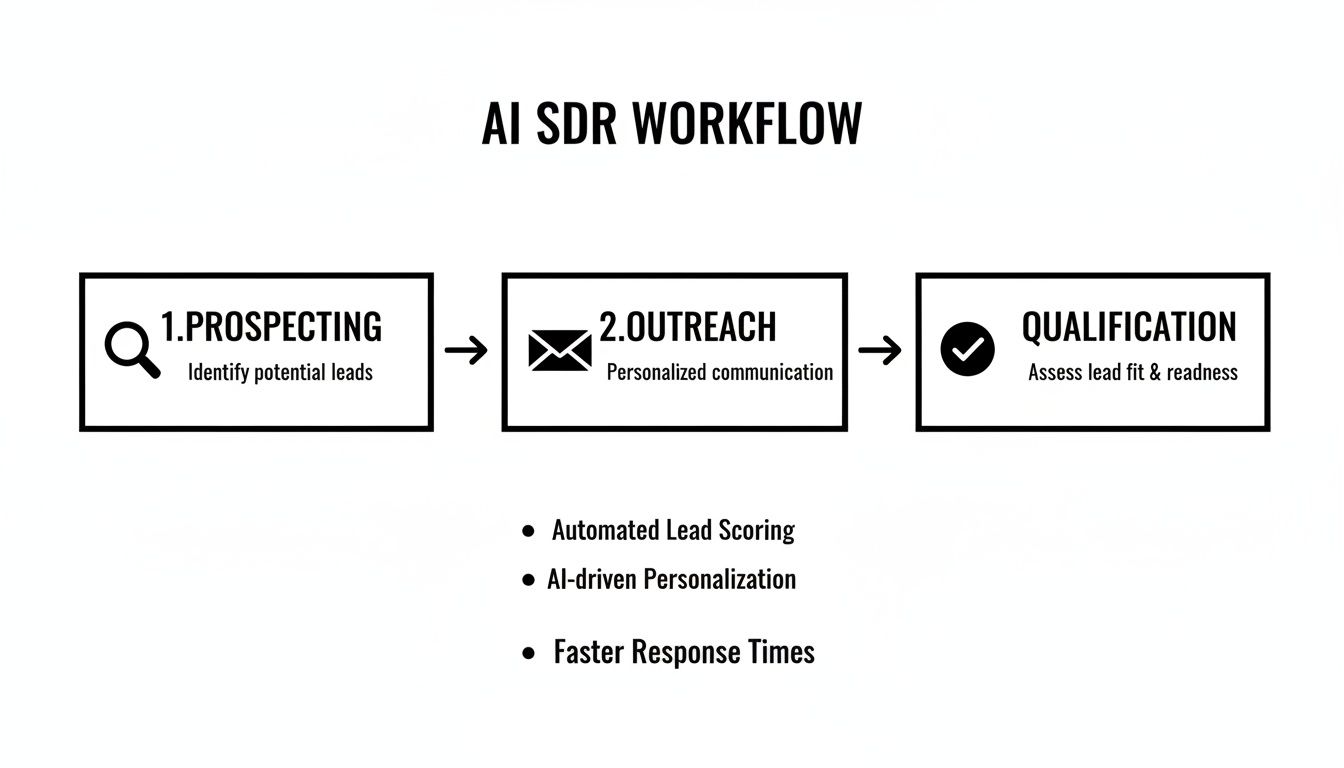 AI SDR workflow diagram showing prospecting, outreach, and qualification steps with AI-driven benefits.