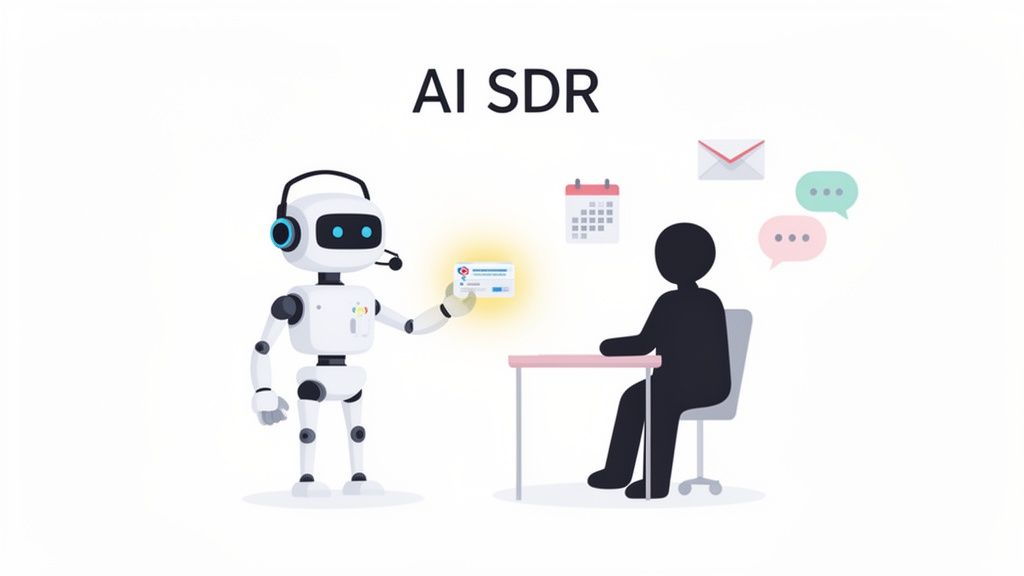 An AI robot SDR with a headset presents a glowing card to a person at a desk.