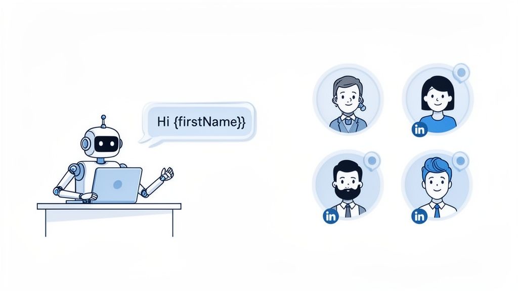An AI robot sends a personalized message to four user profiles on LinkedIn, illustrating targeted outreach.
