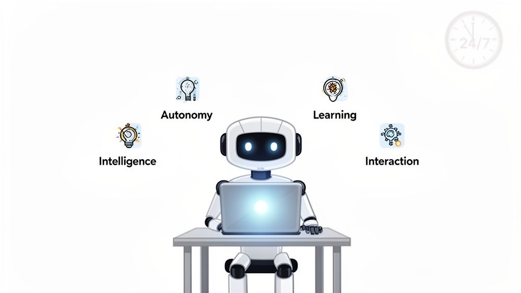 Chart comparing Automation, Chatbots, and AI Agents across Reactivity, Intelligence, and Autonomy.