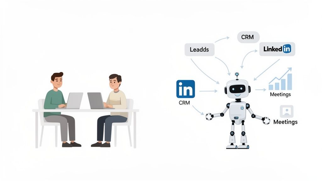 Two people working on laptops are contrasted with an AI robot automating lead generation, CRM, and meeting scheduling.