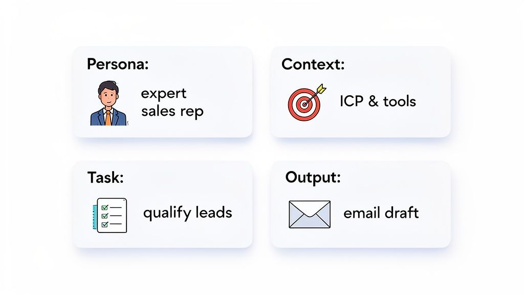 Four cards illustrating an AI agent's persona (expert sales rep), context, task (qualify leads), and email draft output.