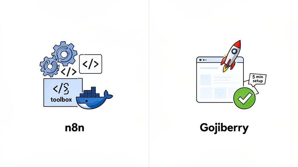 A visual comparison of N8N and Gojiberry. N8N is shown with icons for code, a toolbox, and Docker, representing its technical nature. Gojiberry is shown with a rocket, indicating a fast 5-minute setup.
