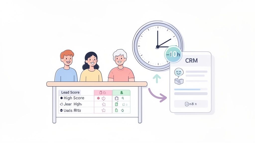 An illustration of three individuals managing lead scores, integrating with CRM, and optimizing time.