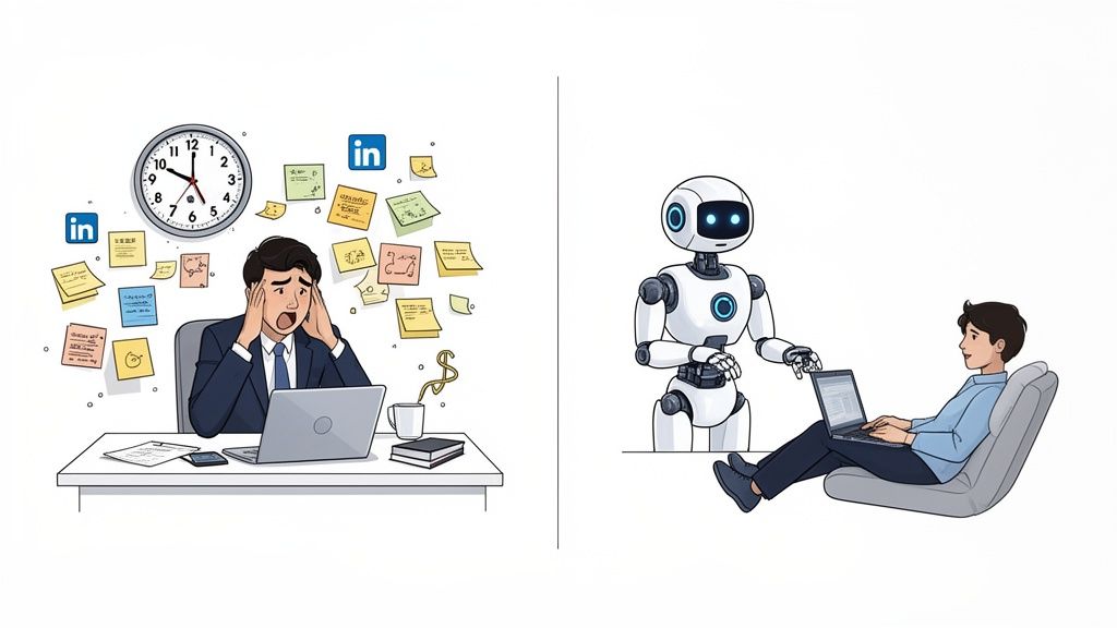A split image contrasting a stressed man working manually with a relaxed man assisted by a robot.