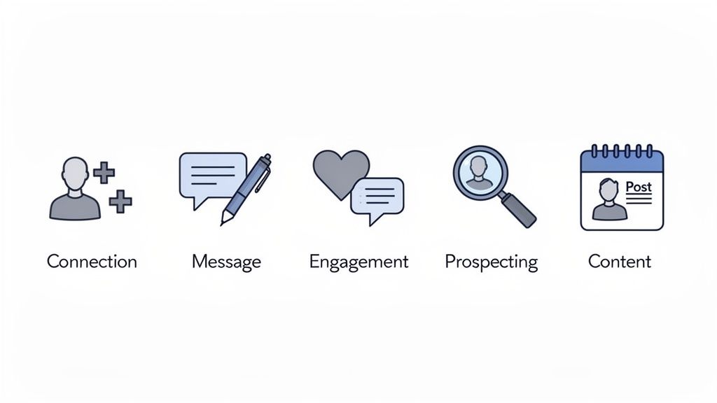 Five icons illustrating online activities: connection, message, engagement, prospecting, and content creation.