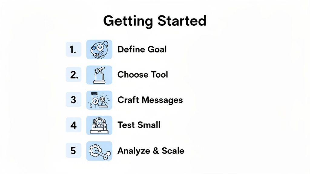 A 'Getting Started' guide outlining 5 steps: define goal, choose tool, craft messages, test small, and analyze & scale.