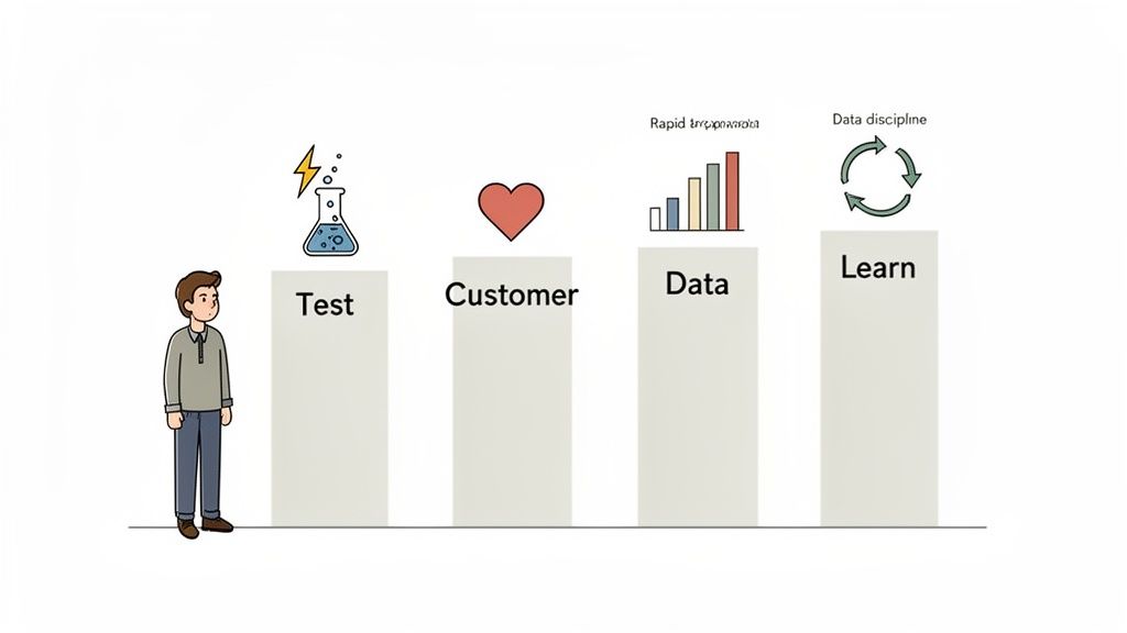 A diagram showing four pillars: Test, Customer, Data, and Learn, each with a relevant icon, illustrating a growth cycle.