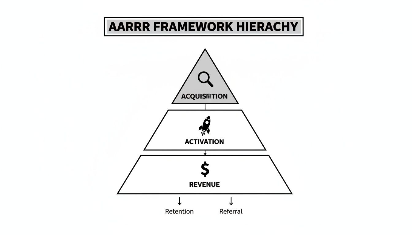 AARRR Framework Hierarchy pyramid diagram illustrating acquisition, activation, revenue, retention, and referral stages.