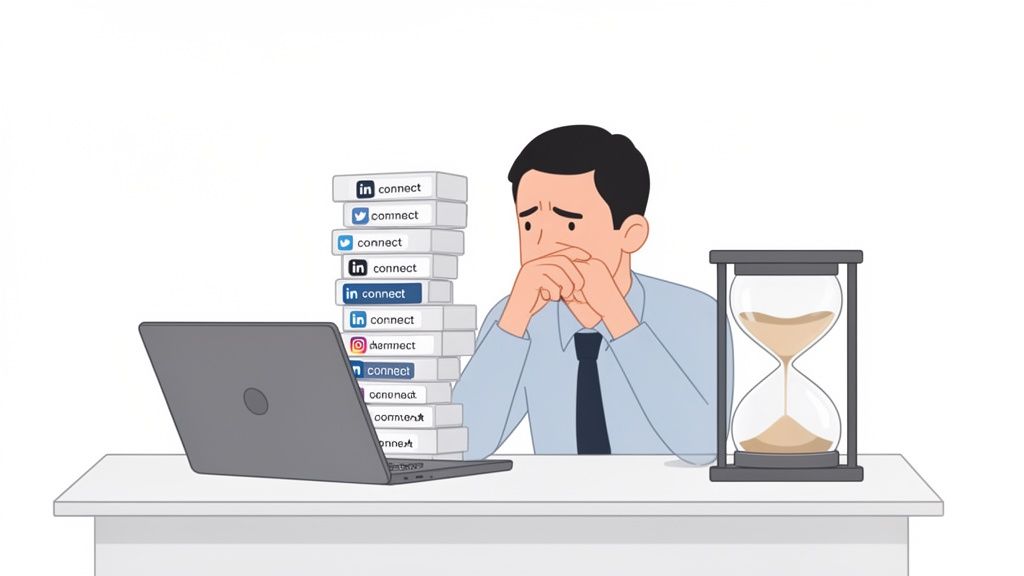 Stressed man at a desk with laptop, hourglass, and a large stack of social media 'connect' buttons.