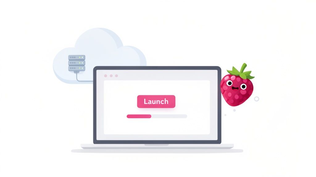Cartoon illustration of a laptop, cloud server, and a cheerful strawberry mascot ready for launch.