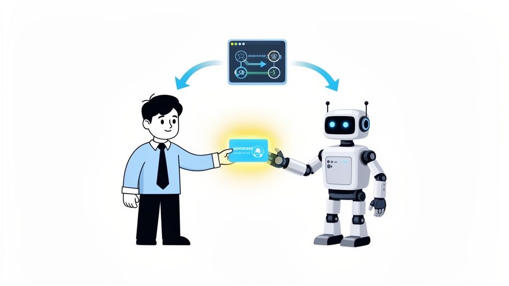 A cartoon man and robot exchange a glowing blue card, symbolizing digital interaction and automation.