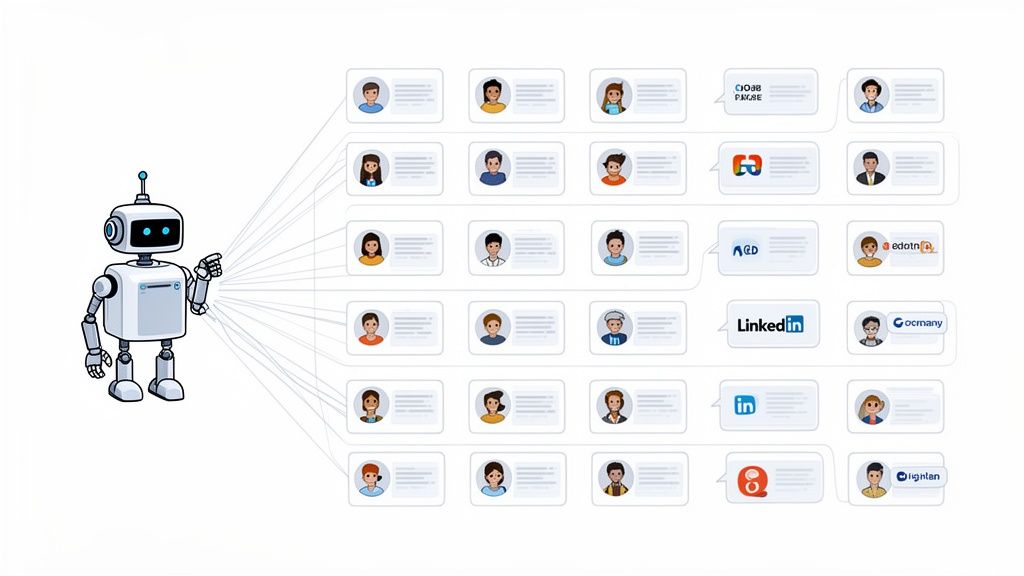 A robot points to profile cards displaying diverse user avatars and company logos, illustrating automated data processing.