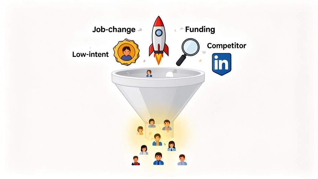 A sales funnel illustrating lead generation from various signals like job changes, funding, and competitor analysis.